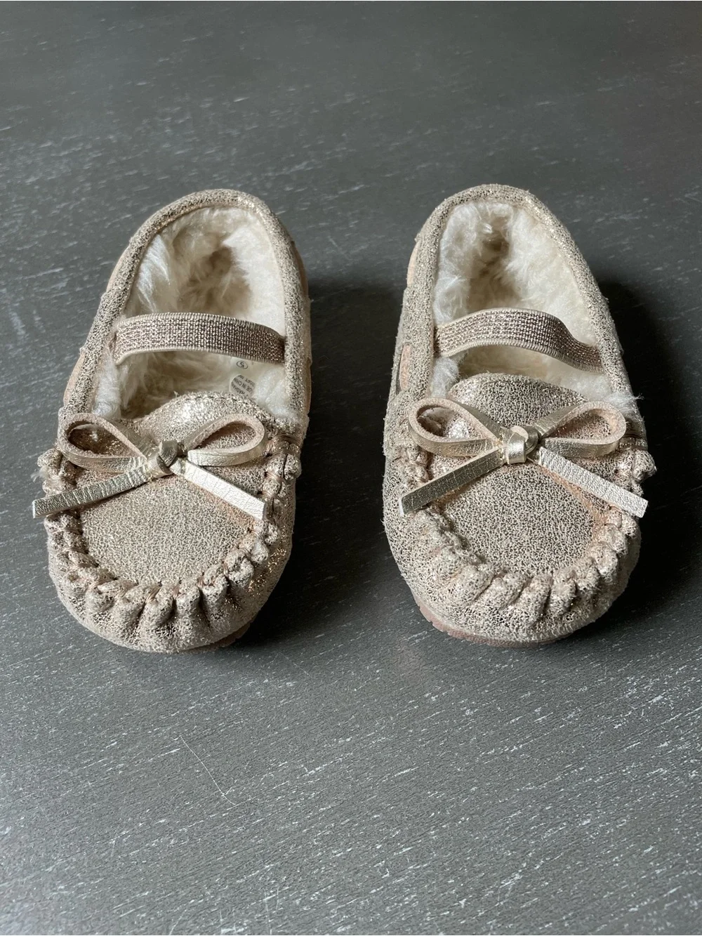Cat & Jack Shimmery Gold Toddler Moccasin Slippers with Sherpa Lining